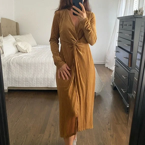 knee length dresses for ladies Mustard Yellow Midi Dress – Eco-Friendly Long-Sleeve Style By Sarvin main image 0